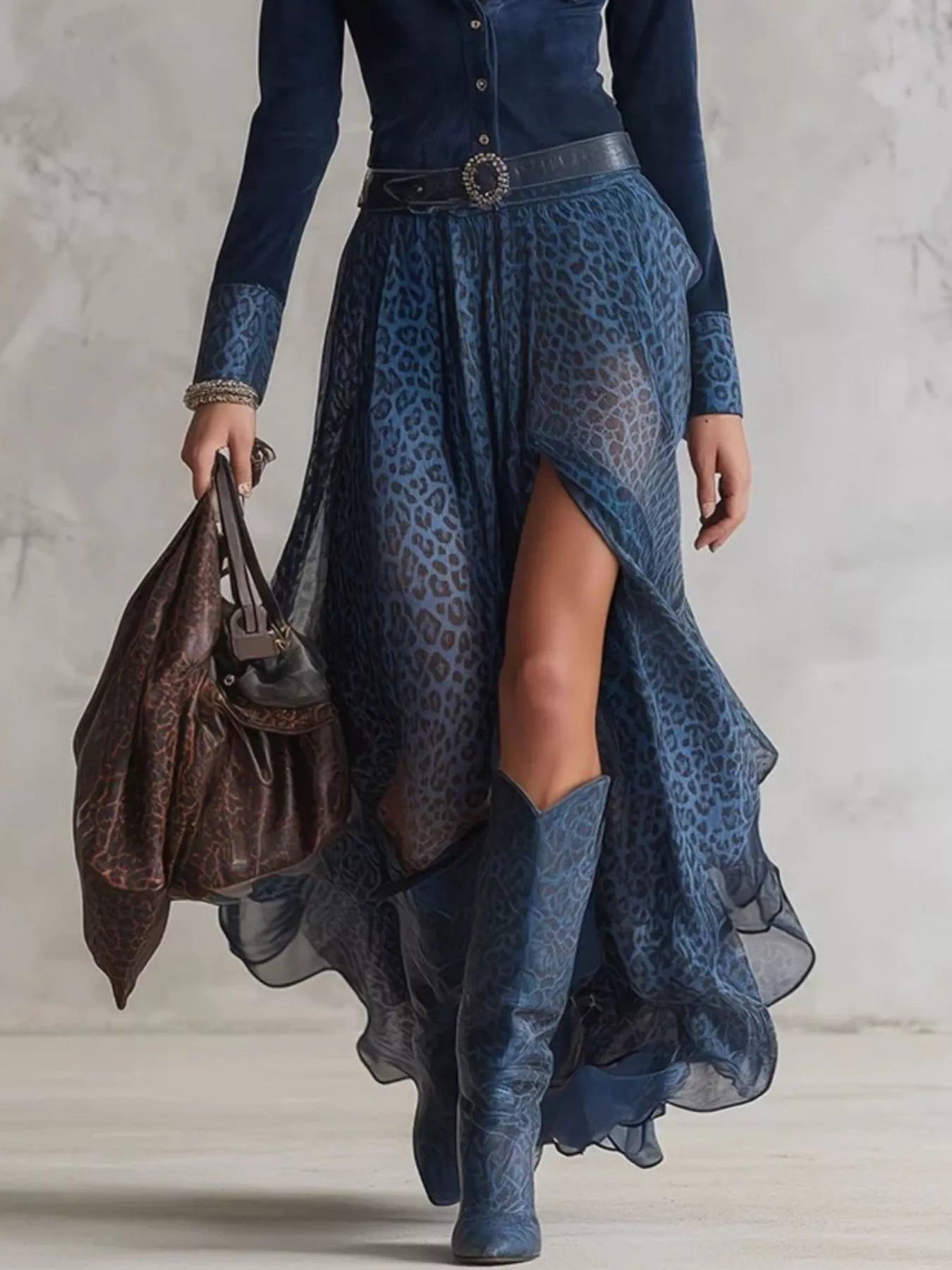 Hazel Blues® |  Leopard Button Front Slit Maxi Dress