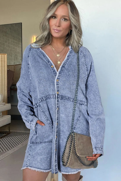 Hazel Blues® |  Raw Hem Button Down Long Sleeve Denim Dress