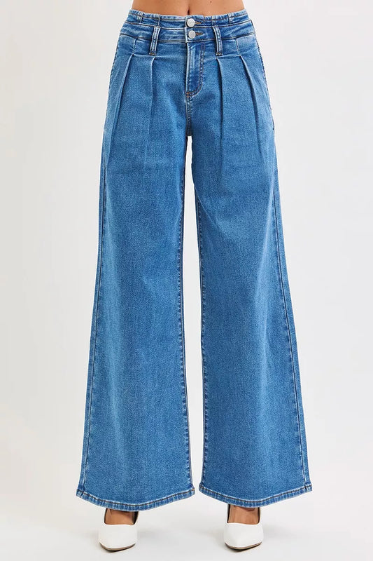 Hazel Blues® | RISEN Mid Rise Fit Wide Leg with Pleated Detail Jeans