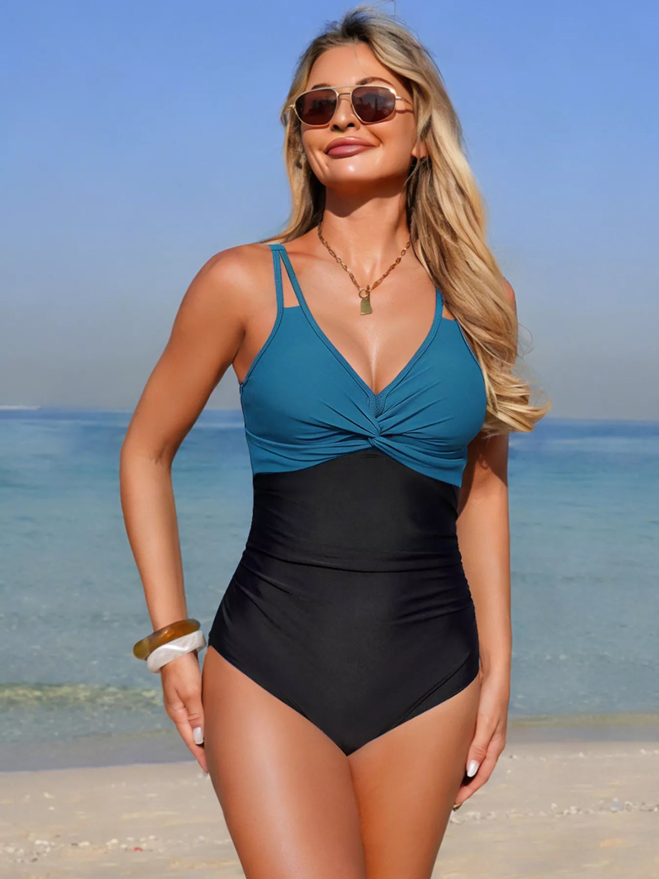 Hazel Blues® | Twisted Front V-Neck One-Piece Swimsuit