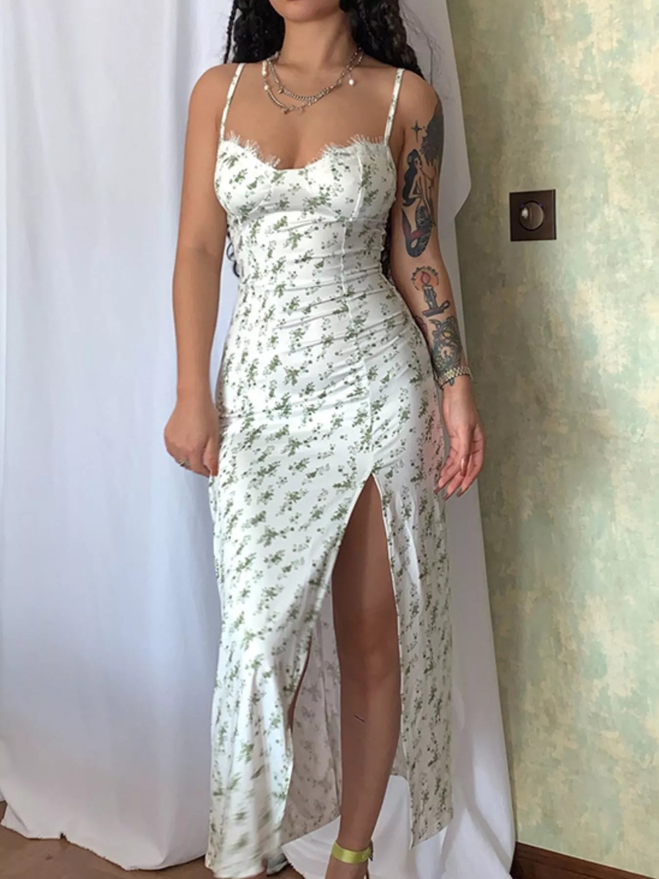 Hazel Blues® |  Floral Print Lace Trim Slit Midi Dress