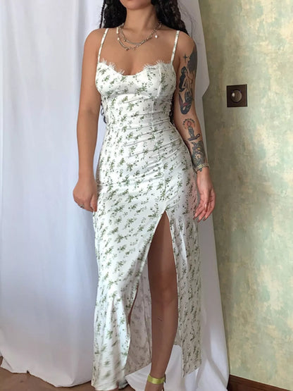Hazel Blues® |  Floral Print Lace Trim Slit Midi Dress