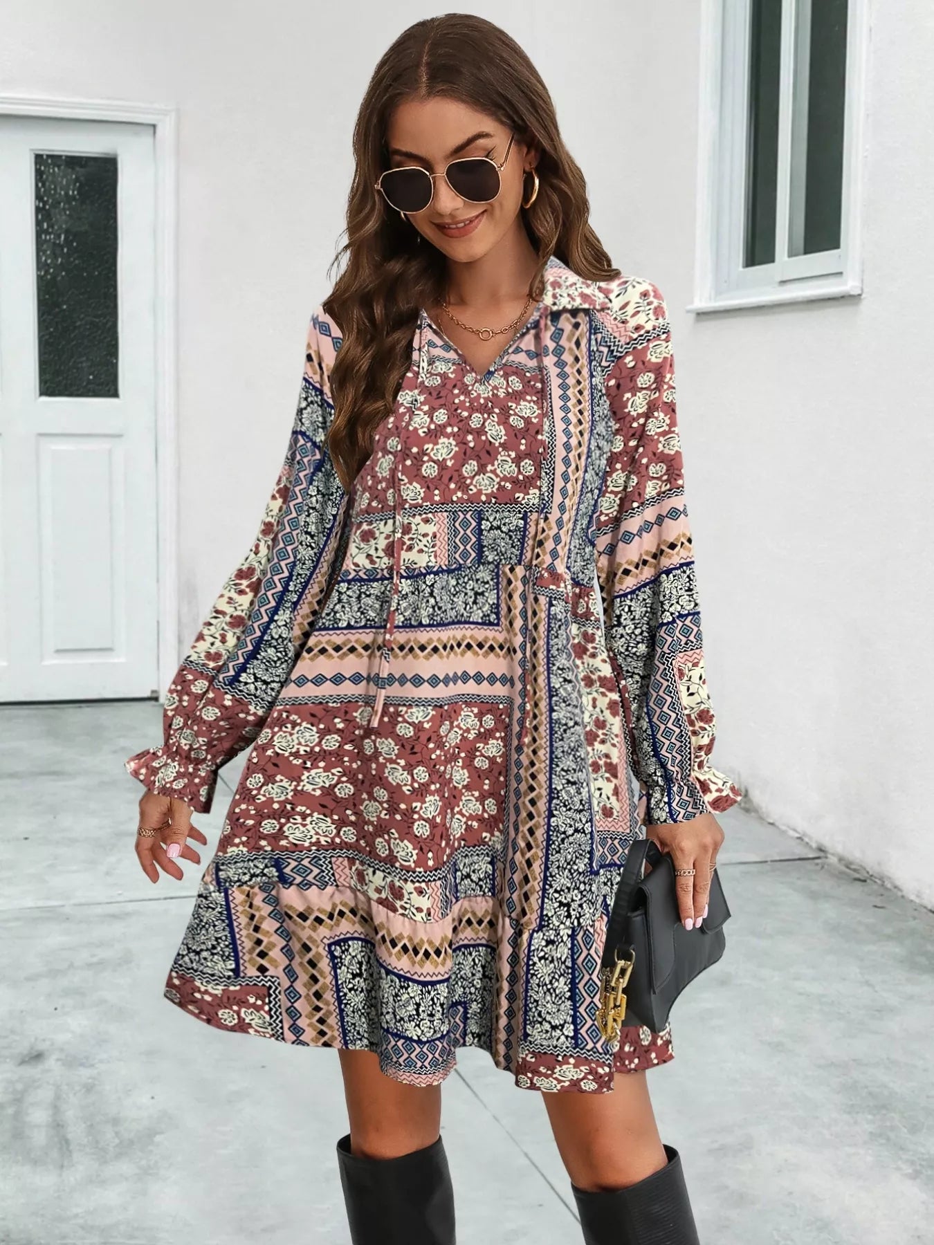 Hazel Blues® |  Boho Floral Print Long Sleeve Mini Dress