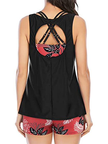 Hazel Blues® | Cutout Printed Round Neck Three-Piece Swim Set