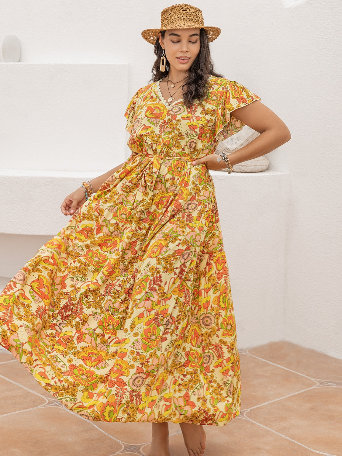 Hazel Blues® | Printed V-Neck Flutter Sleeve Tie Waist Maxi Dress