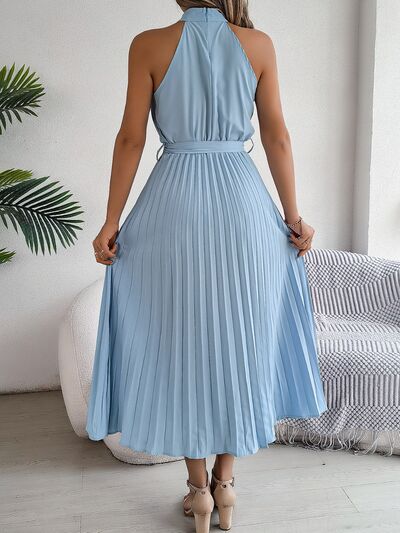Hazel Blues® |  Grecian Neck Tie Waist Pleated Dress
