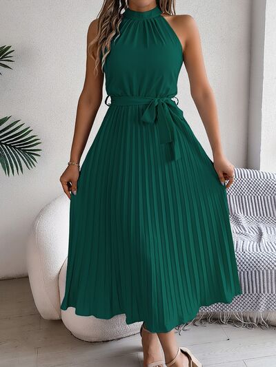 Hazel Blues® |  Grecian Neck Tie Waist Pleated Dress