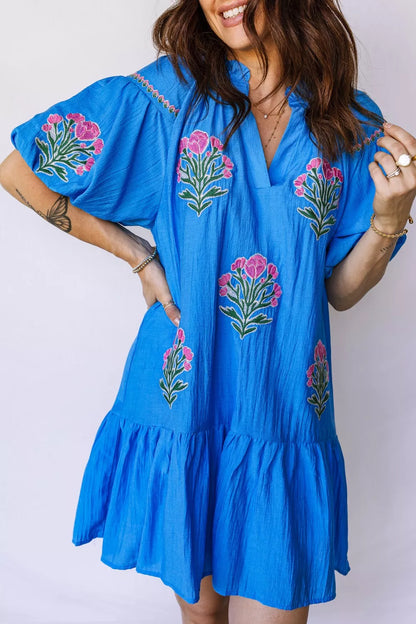 Hazel Blues® |  Flower Embroidered Split Neck Short Puff Sleeve Ruffle Hem Dress