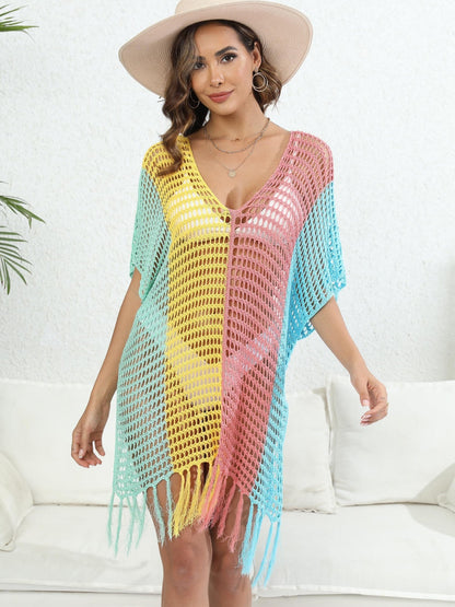 Hazel Blues® | Fringe Color Block Scoop Neck Cover Up