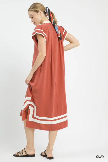 Hazel Blues® |  Umgee Linen Cotton Contrast Neckline Midi Dress