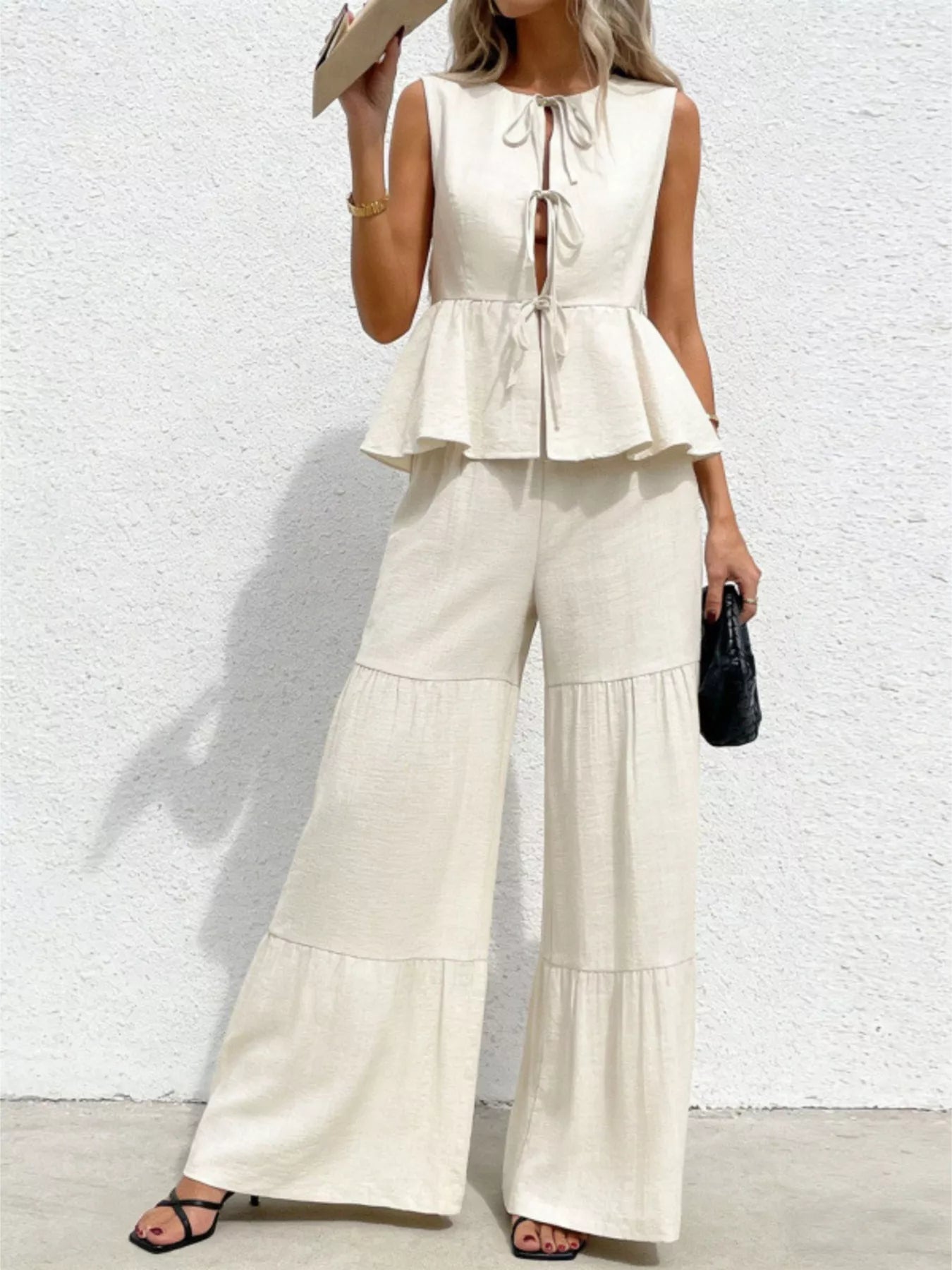 Hazel Blues® |  Sleeveless Tie-Front Top and Wide Leg Pants Set