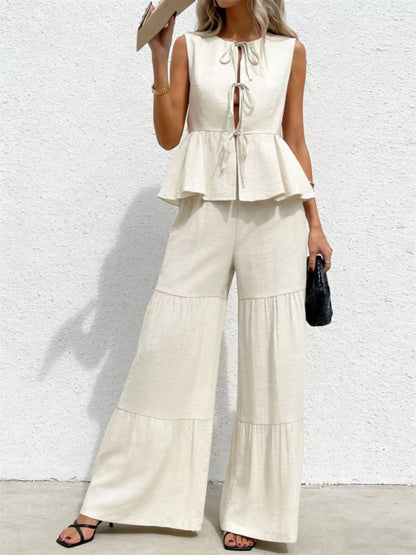 Hazel Blues® |  Sleeveless Tie-Front Top and Wide Leg Pants Set