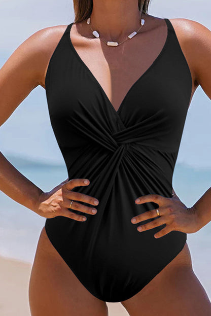 Hazel Blues® | Twisted Crisscross V-Neck One-Piece Swimwear