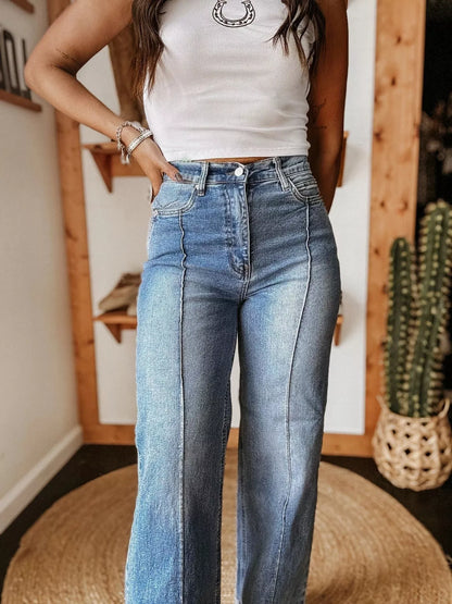 Hazel Blues® |  High-Waisted Wide Leg Cuffed Jeans
