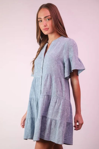 Hazel Blues® |  VERY J Mineral Washed Baby Bell Sleeve Woven Mini Dress