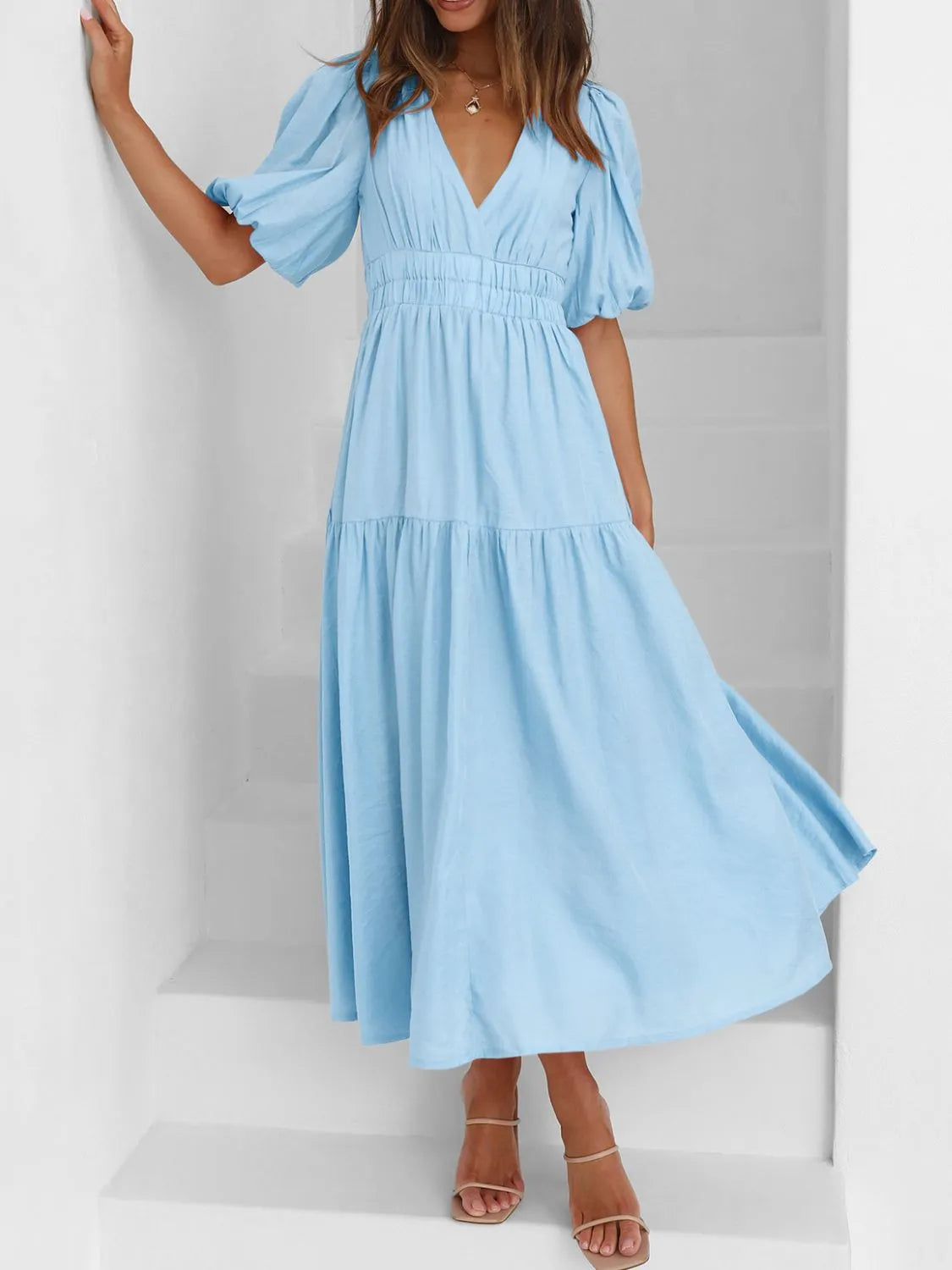 Hazel Blues® |  V-Neck Puff Sleeve Midi Dress