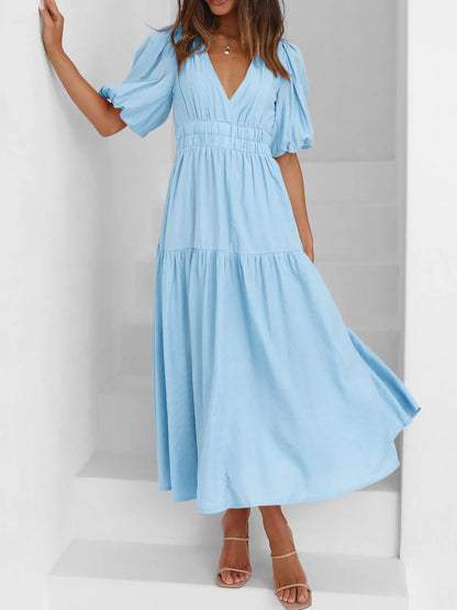 Hazel Blues® |  V-Neck Puff Sleeve Midi Dress
