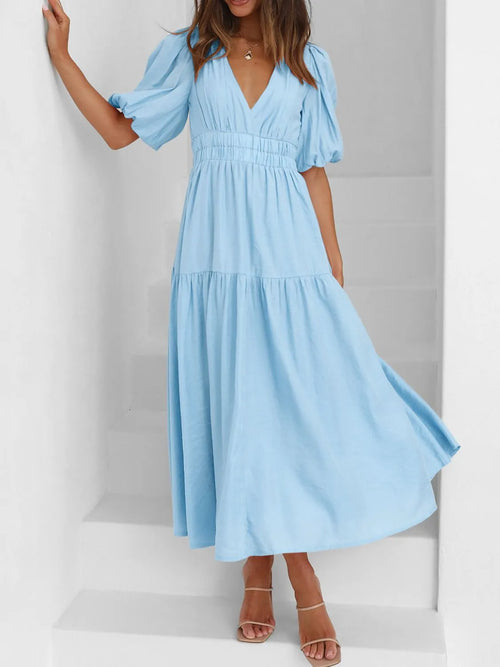 Hazel Blues® |  V-Neck Puff Sleeve Midi Dress