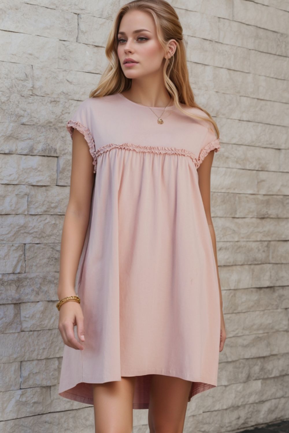 Hazel Blues® |  Frilled Trim Crew Neck Cap Sleeve Loose Fit Mini Dress