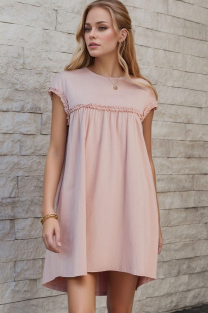Hazel Blues® |  Frilled Trim Crew Neck Cap Sleeve Loose Fit Mini Dress