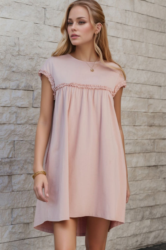 Hazel Blues® |  Frilled Trim Crew Neck Cap Sleeve Loose Fit Mini Dress