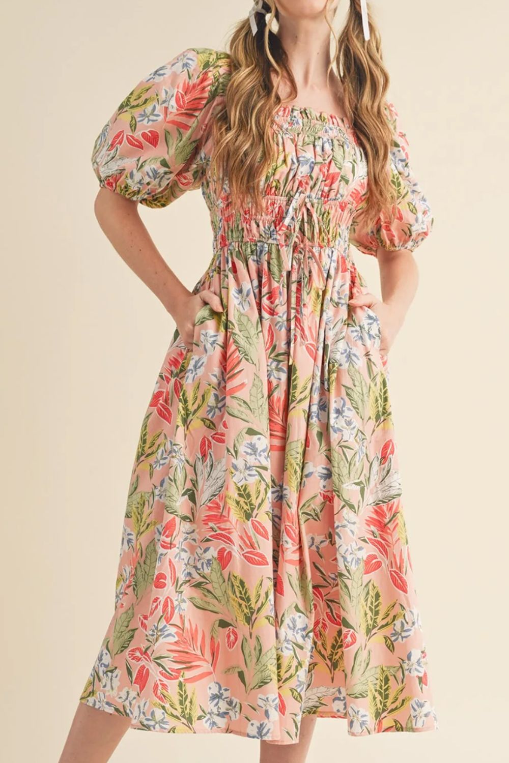 Hazel Blues® |  Floral Smocked Square Neck Puff Short Sleeve Midi Dress