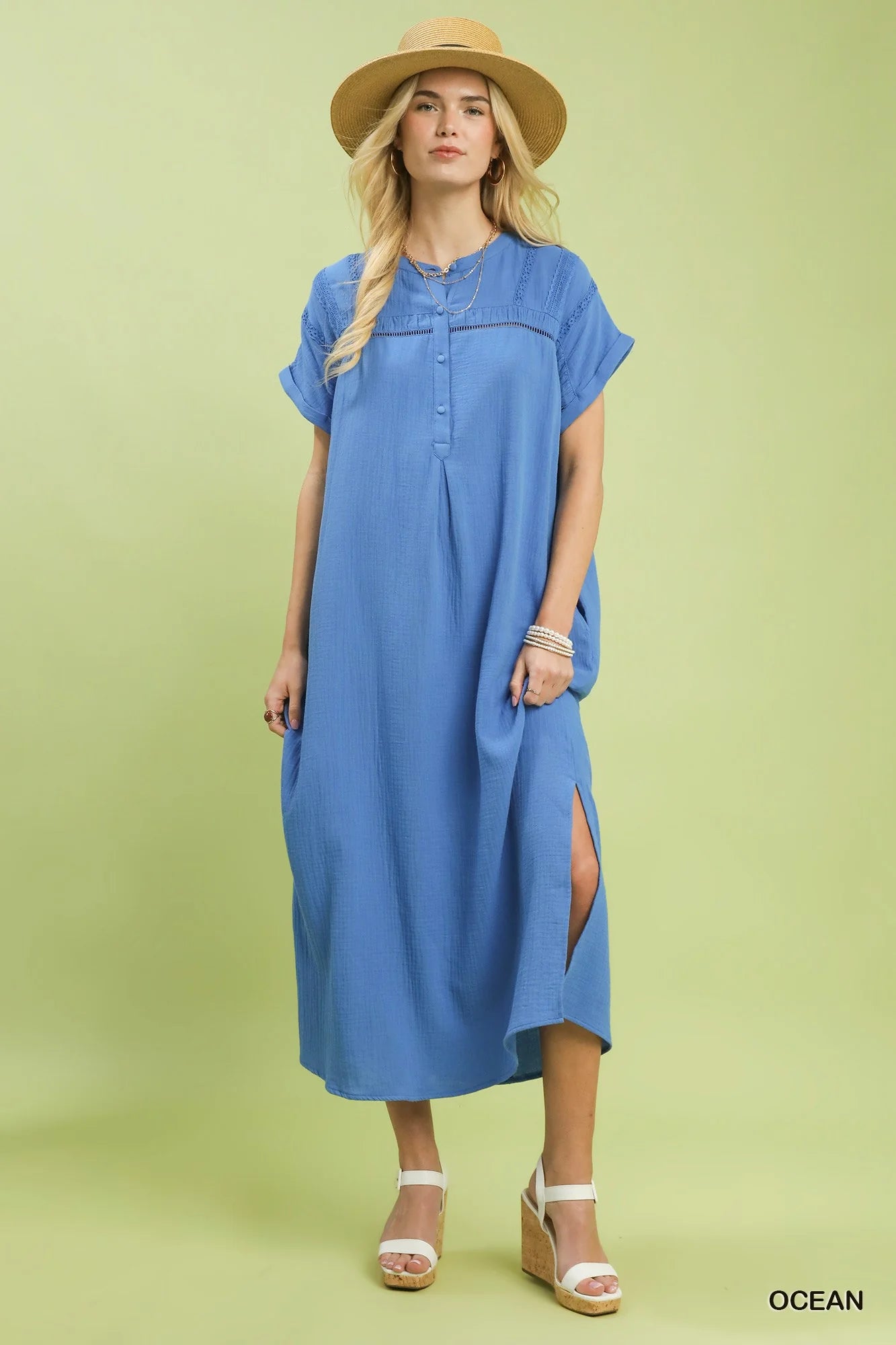 Hazel Blues® |  Umgee Button-Front Gauze Midi Dress with Lace Detail
