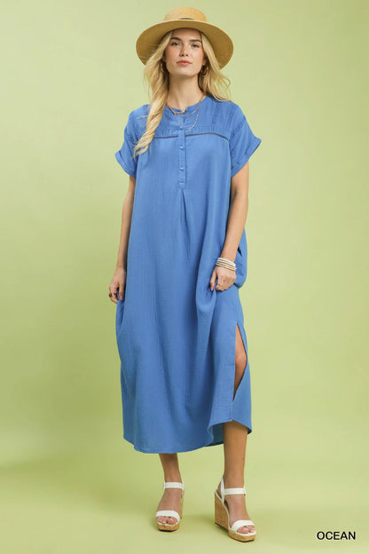 Hazel Blues® |  Umgee Button-Front Gauze Midi Dress with Lace Detail