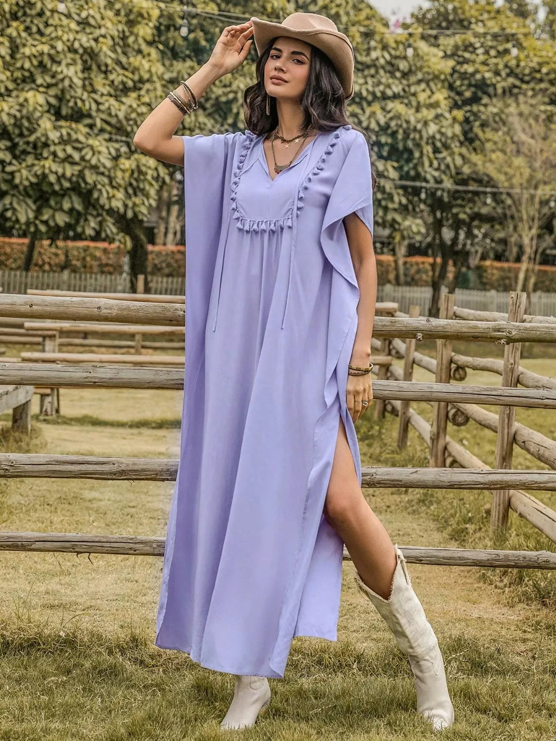 Hazel Blues® |  Side Slit Tie Neck Flutter Sleeve Dress