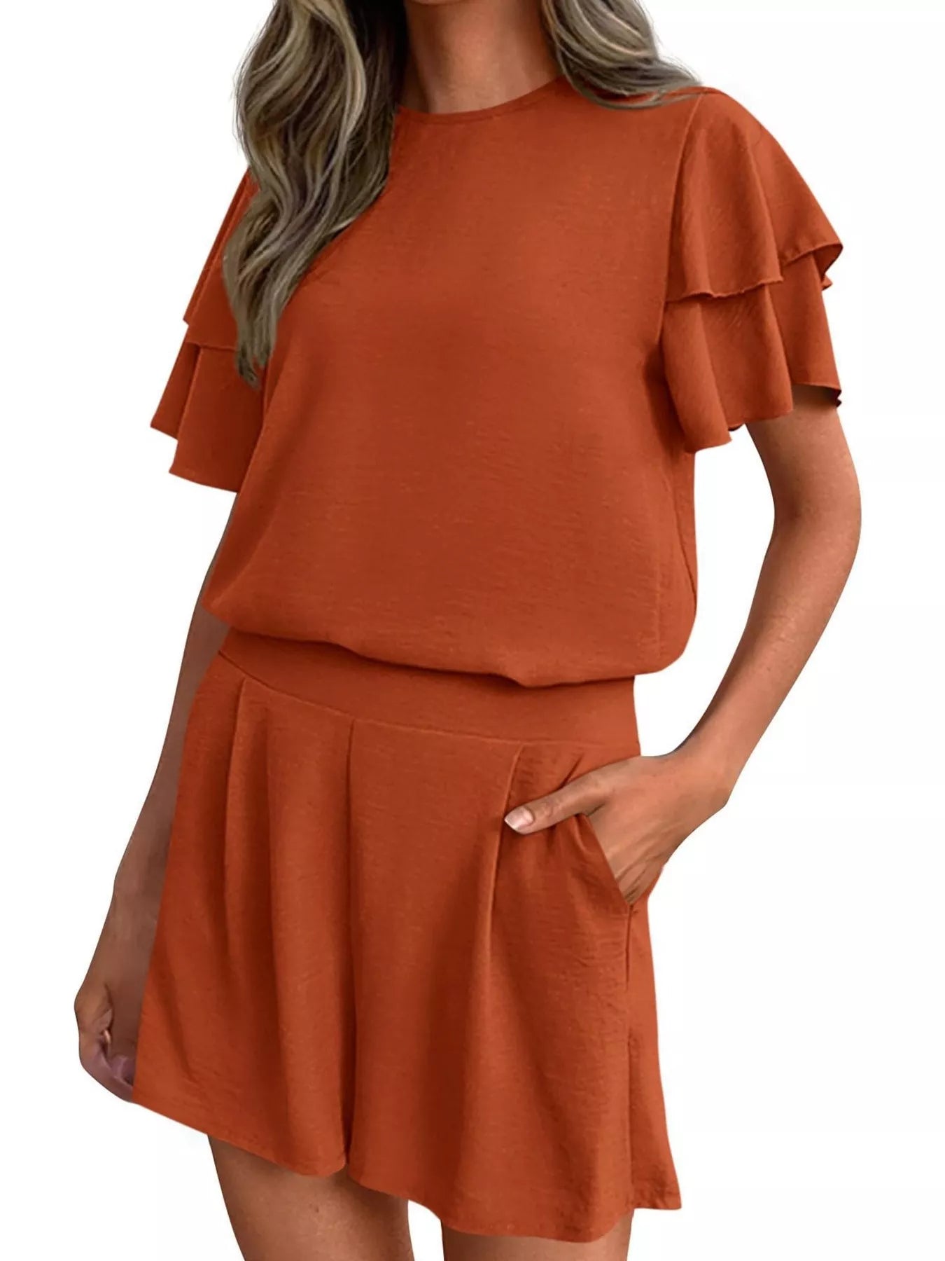 Hazel Blues® |  Ruffle Sleeve Top and Shorts Two-Piece Set