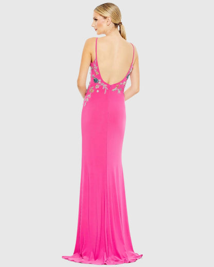 Pink Multi Color Beaded Floral Cami Gown