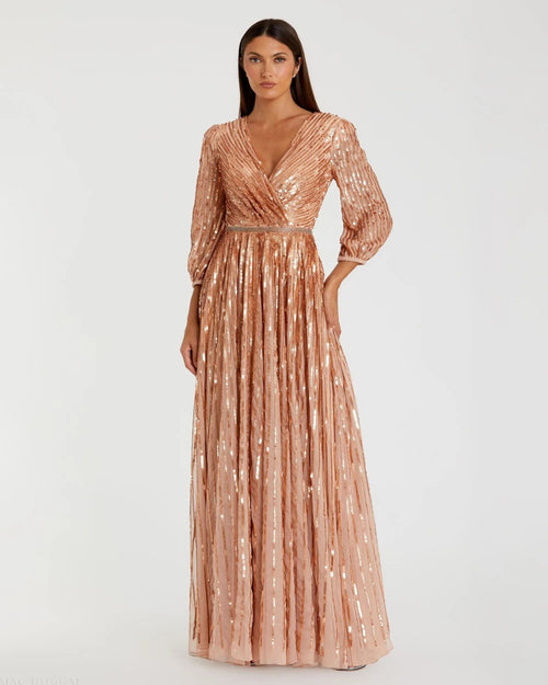 Pink Sequined Wrap Over 3/4 Sleeve Gown