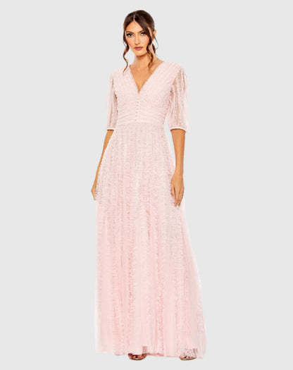 Pink V Neck Puff Sleeve Ruffle Tiered A Line Gown