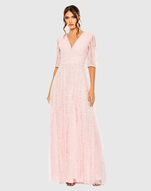 Pink V Neck Puff Sleeve Ruffle Tiered A Line Gown