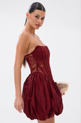 BELINA LACE MINI DRESS WITH BUBBLE SKIRT IN BURGUNDY