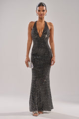 DRESSED UP WITH NOWHERE TO GO RHINESTONE MAXI DRESS
