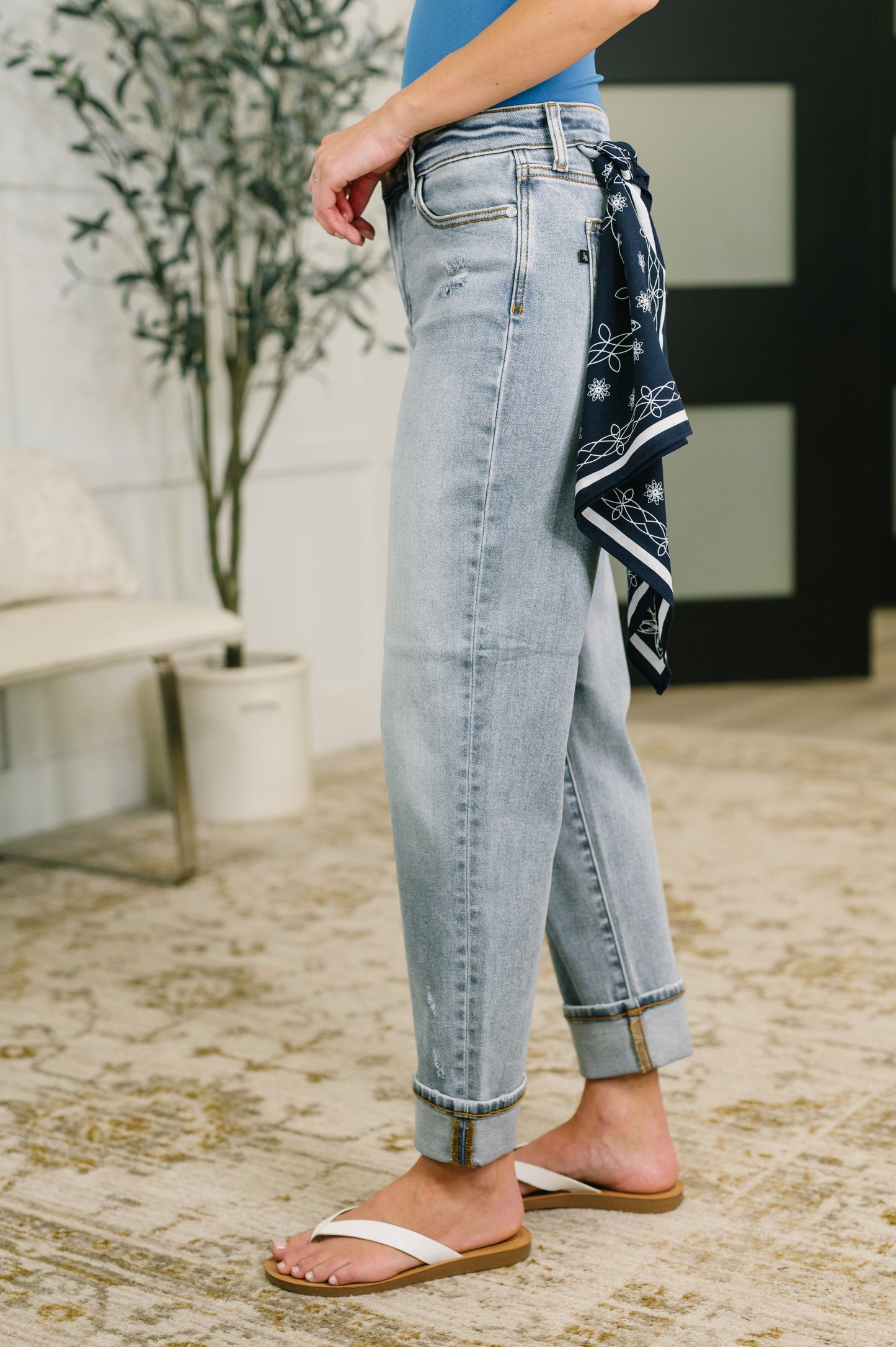 Hazel Blues® |  Alex Mid Rise Boyfriend Jean with Bandana Loop