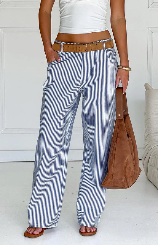 Amity Navy Stripe Mid Rise Straight Leg Jeans