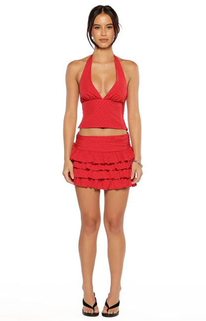 Beau Red Chiffon Polka Dot Mini Skirt