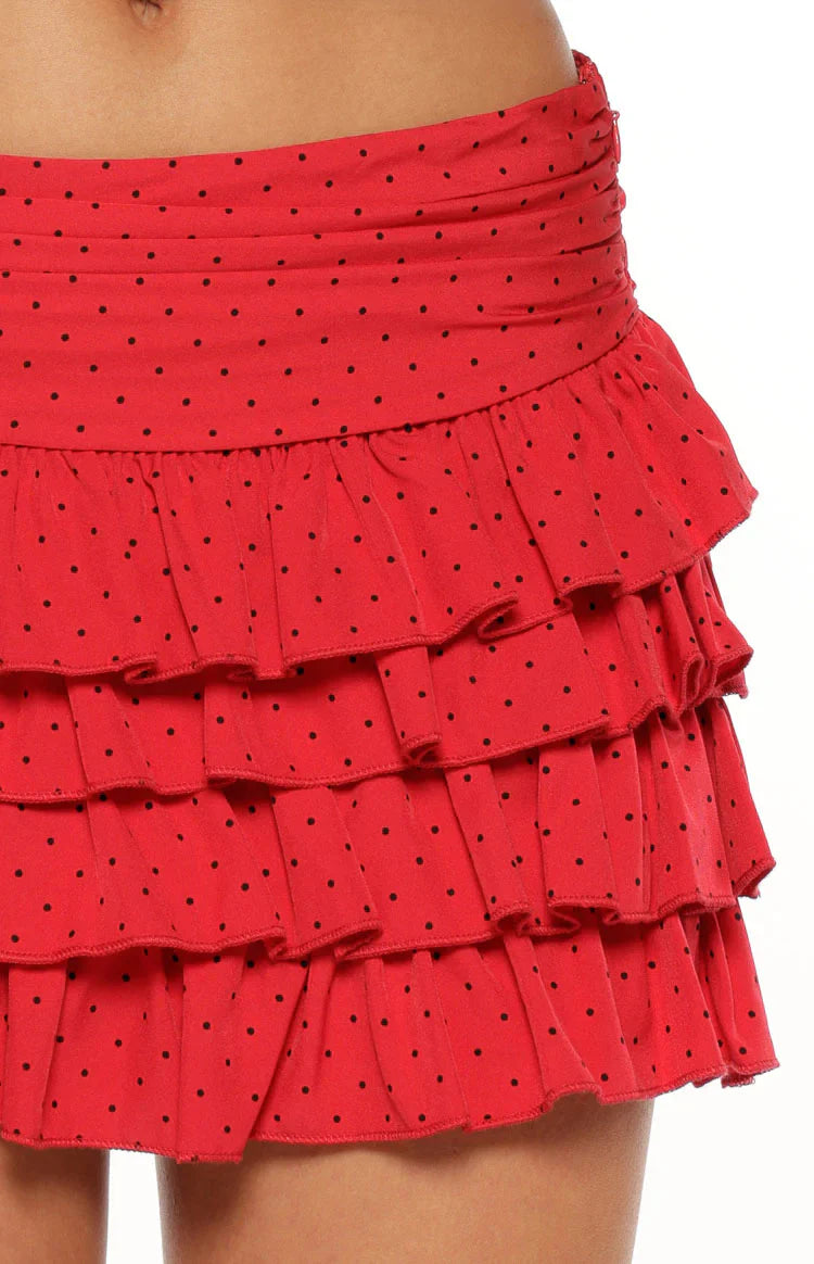 Beau Red Chiffon Polka Dot Mini Skirt