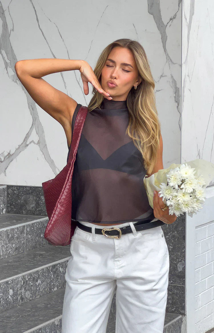 Blair Black High Neck Sheer Top