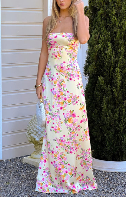 Blaise Yellow Bloom Satin Maxi Dress
