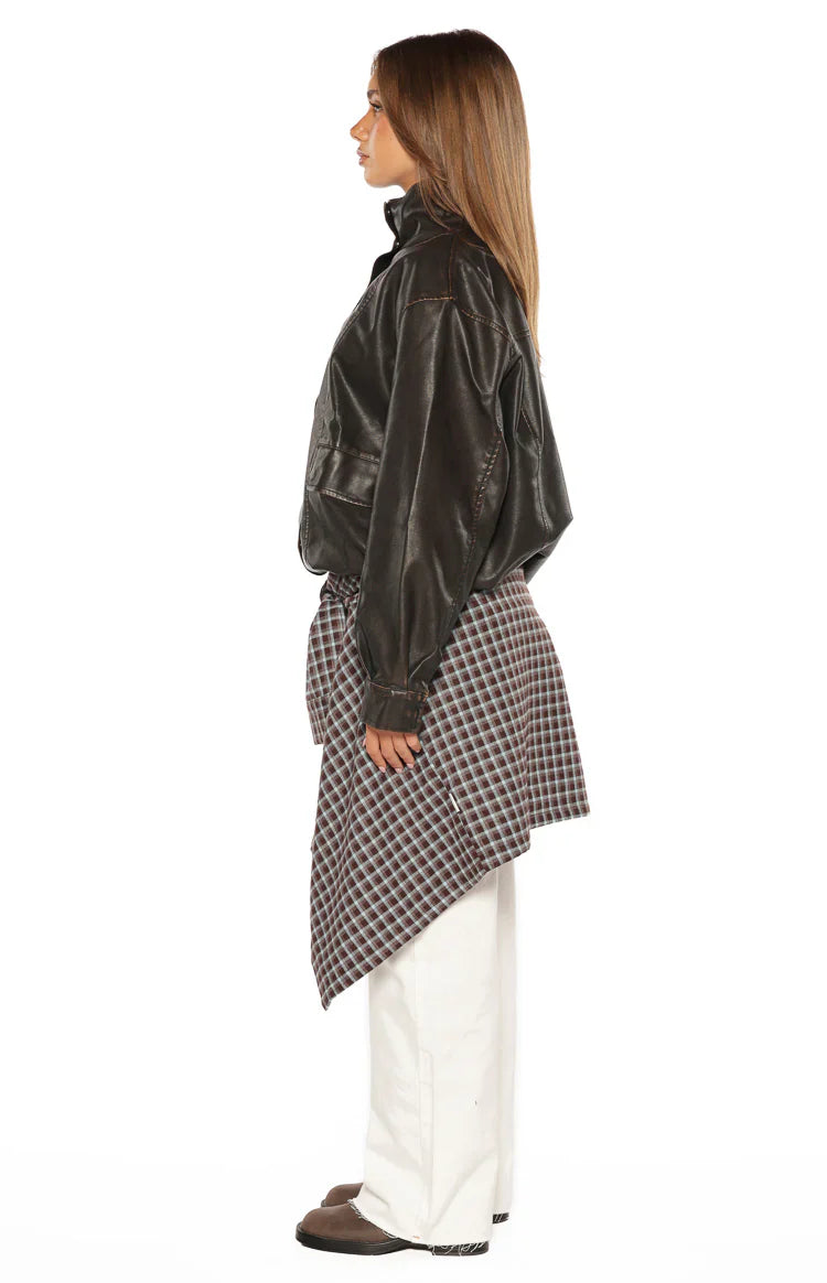 Blakely Brown Funnel Neck PU Jacket