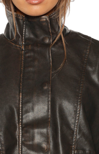 Blakely Brown Funnel Neck PU Jacket