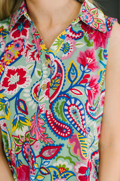 Hazel Blues® |  Coral Sands Collared Tank Dress in Light Floral Paisley