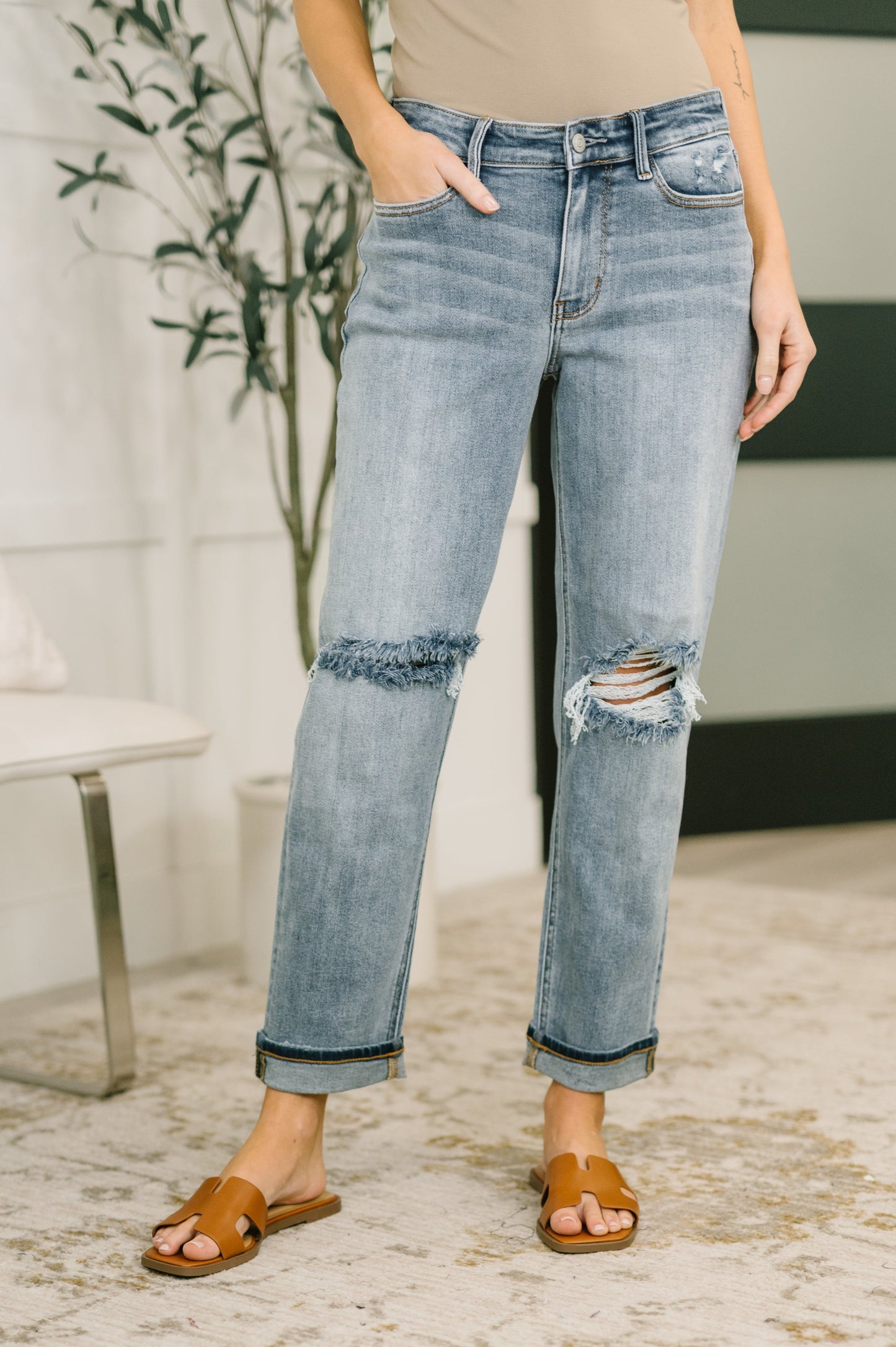 Hazel Blues® |  Elaine Mid Rise Boyfriend with Distress & Cuff