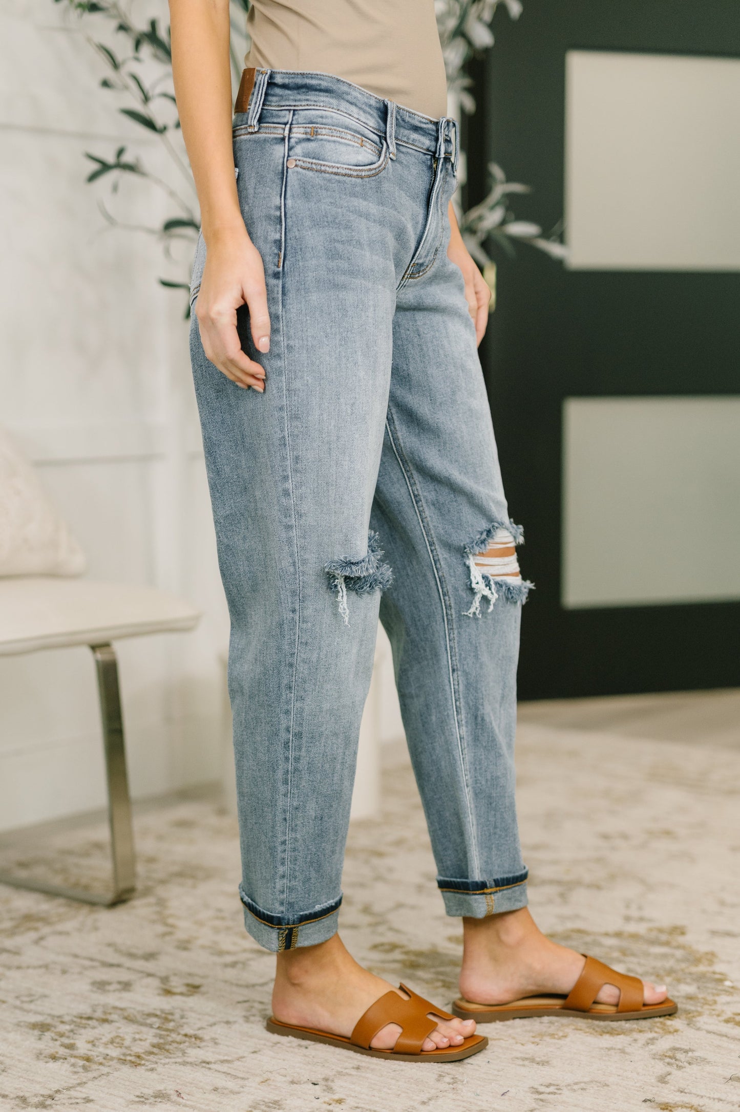 Hazel Blues® |  Elaine Mid Rise Boyfriend with Distress & Cuff