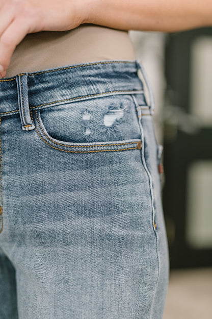 Hazel Blues® |  Elaine Mid Rise Boyfriend with Distress & Cuff