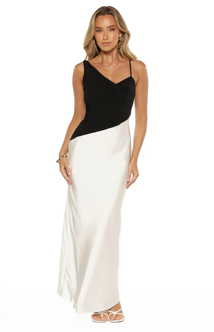 Elise Black Satin Cowl Front Formal Maxi Dress