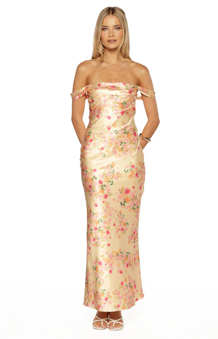 Ella Yellow Bloom Satin Maxi Dress
